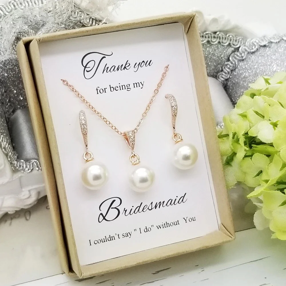 

Personalized Bridesmaid Gift Custom Necklace, Bridesmaid Pearl Necklace, Wedding Jewelry Custom Bridesmaid Earrings Necklace