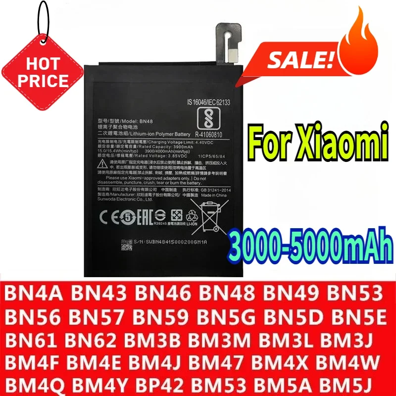 Аккумулятор 3000-5000 мАч для мобильных телефонов Xiaomi Mi Redmi Note Pocophone Poco 10/10Pro/k40/k30/note9/note10/9Pro/9C/10A
