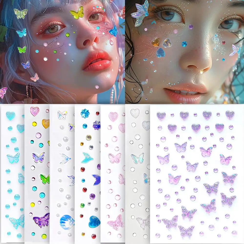 

Mermaid Butterfly Diamond Face Body Brow Sticker Makeup 3D Shell Jewel Crystal Tattoo Women Kids Self Adhesive Facial Rhinestone