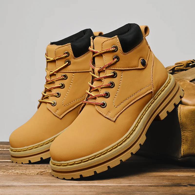 

Men's Boots 2025 New Autumn and Winter Genuine Leather High-Top Height-Increasing Soft-Soled Hiking Boots British Style Yellow W