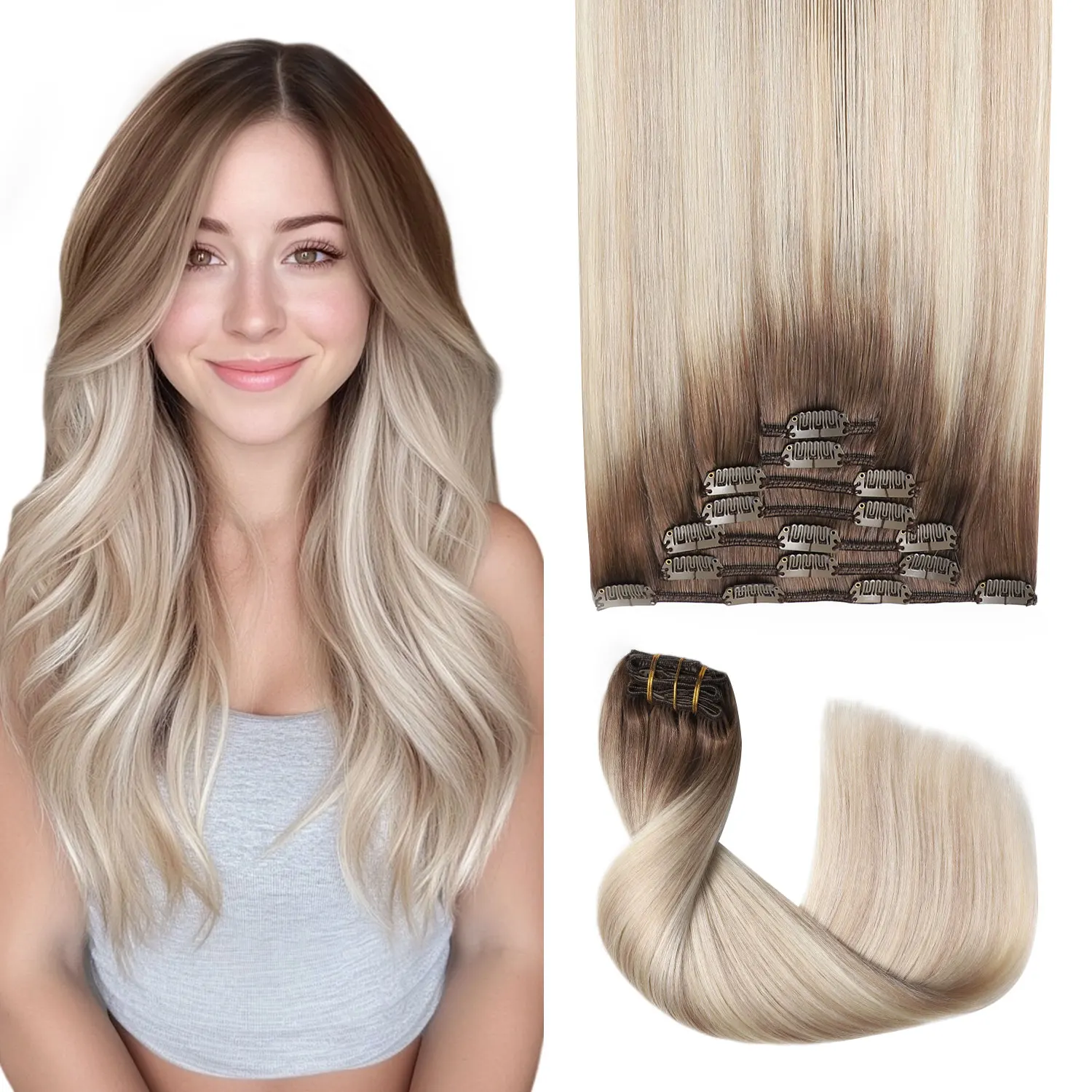 Extensions à clipser Sweetmet Pro2.0 en cheveux humains, 120g, épaisses, 7 pièces # Extensions de cheveux humains Remy à clipser, couleur Ombré Brun à Blond Cendré avec Blond Platine, 8/60/18, 35cm-55cm, en tissu double maille sans couture pour femmes