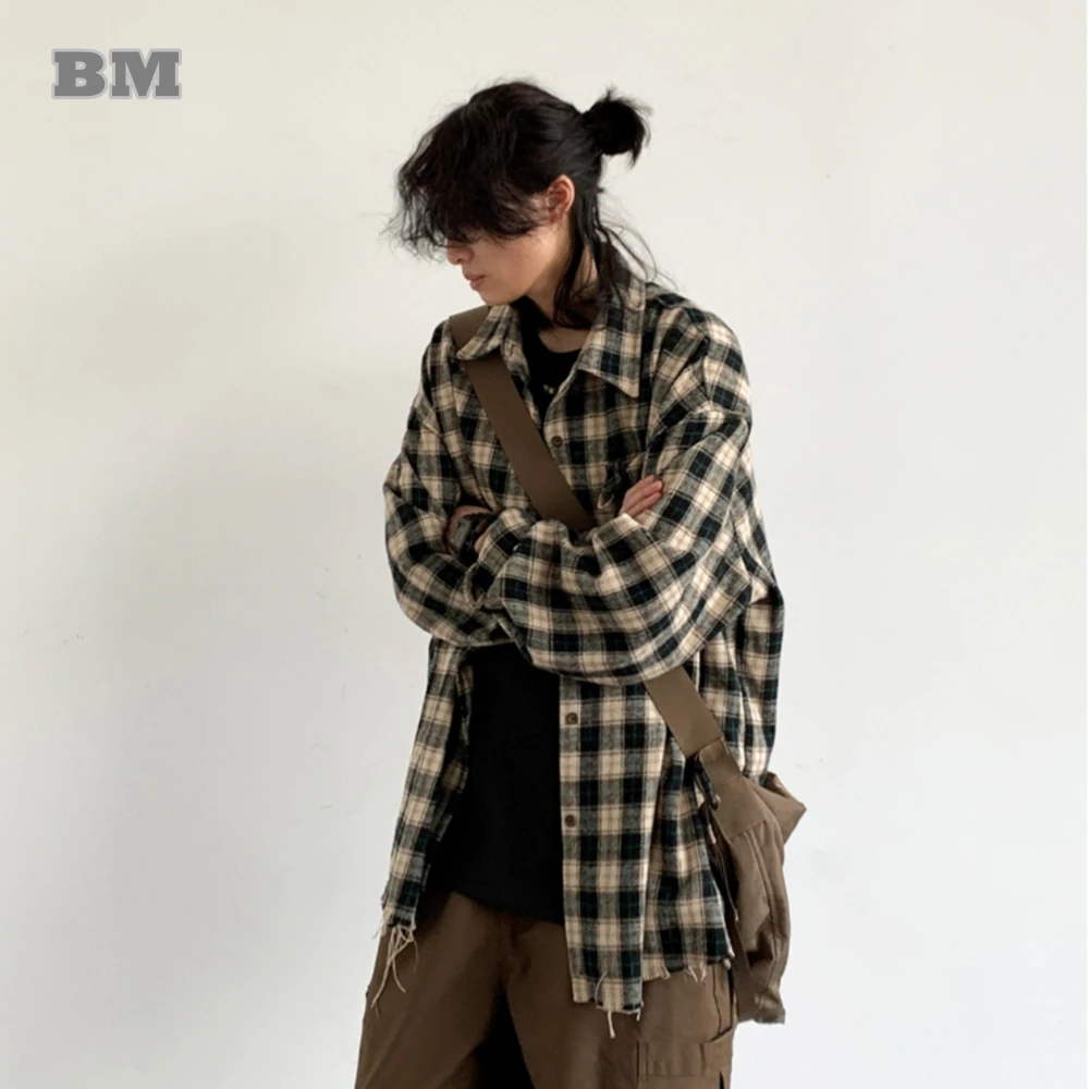 Spring Autumn Japanese Streetwear Plaid Shirt For Men Clothing Preppy High Quality Ragged Edge Long Sleeve Harajuku Casual Coat