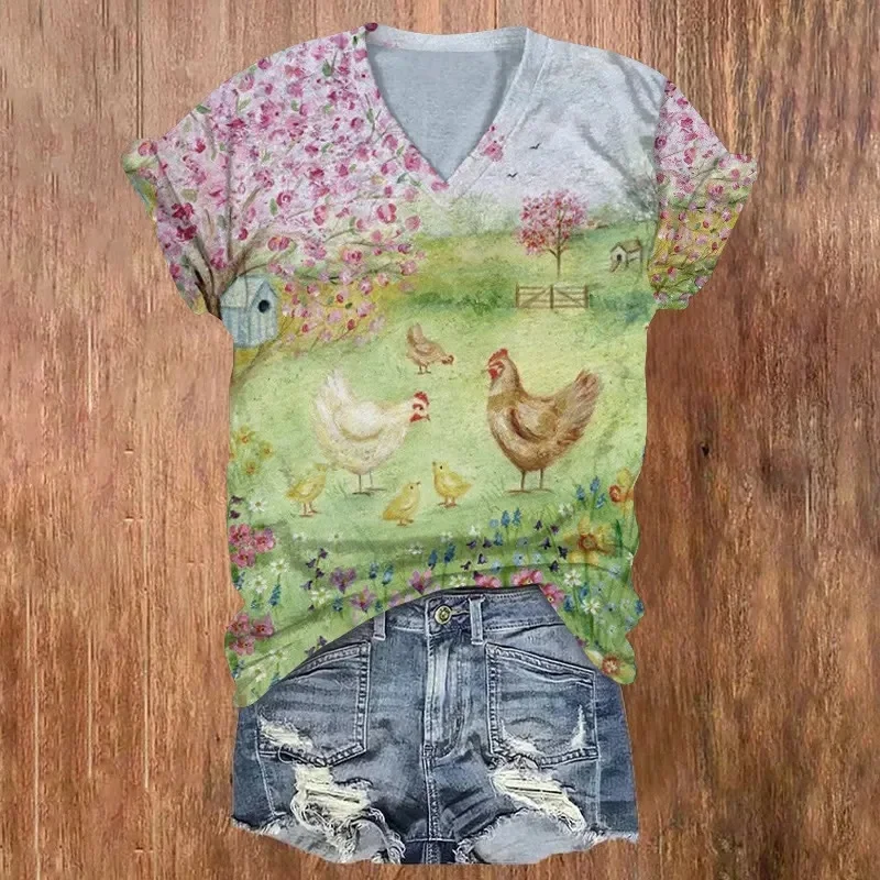 Retro Farm Life Chicken Friends Pattern Print Short Sleeved V-neck T-shirt Summer Women's T Shirts