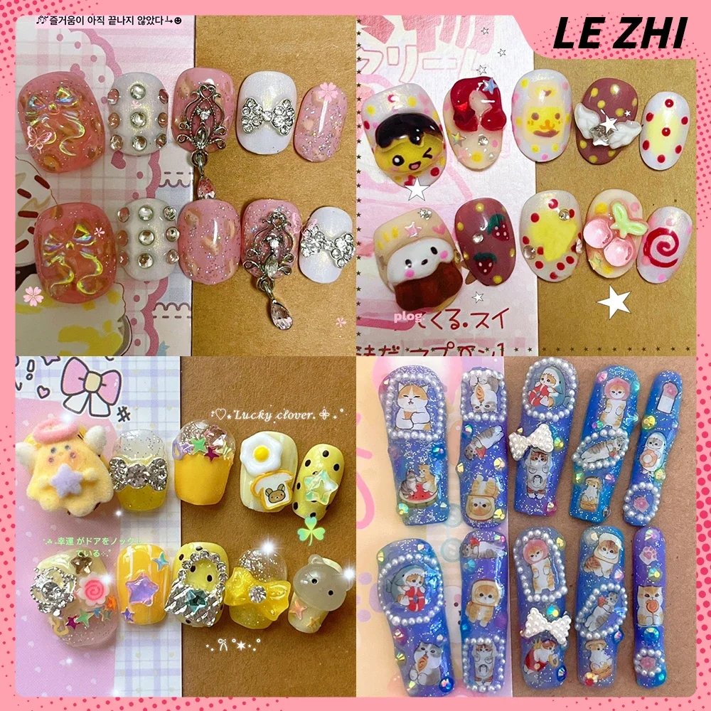 

Y2K Cute Cartoon Handmade Coffin Ellipse Press On Nails Shiny Diamond Star Sequins Butterfly Moon Flower Bow Nails Party Sticker