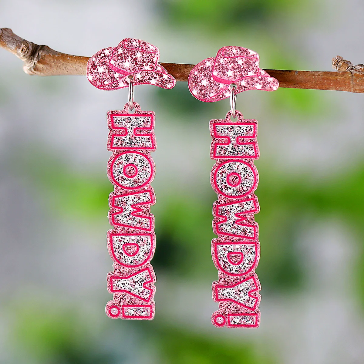 

New Western Style Denim Hat Earrings HOWDY Letter Pink sequin Acrylic Pendant Earrings Personalized Earrings