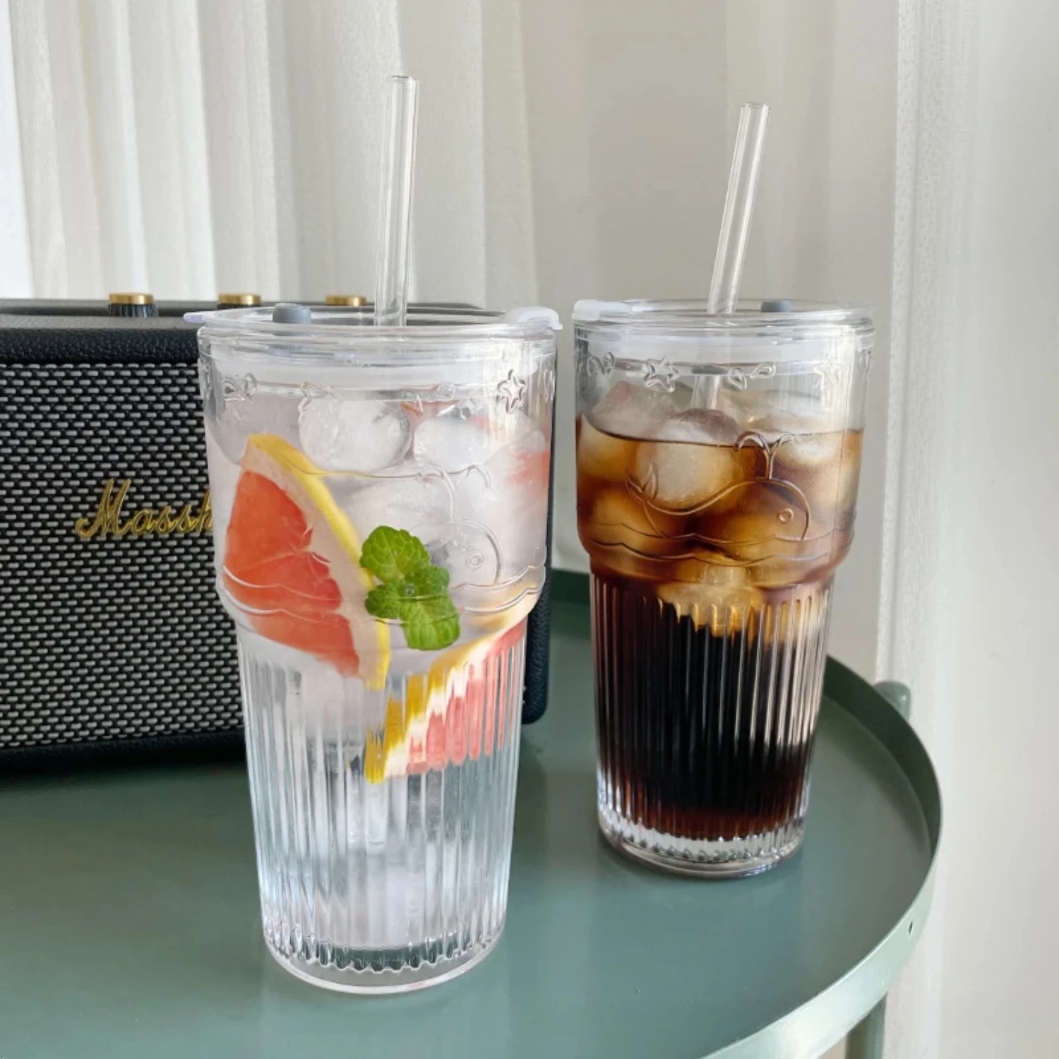 1pc 600ml Stripe Glass Cup with Lid and Straw Transparent Drinking Glasses  Juice Iced Coffee Water Cup Outdoor Drinkware Mug