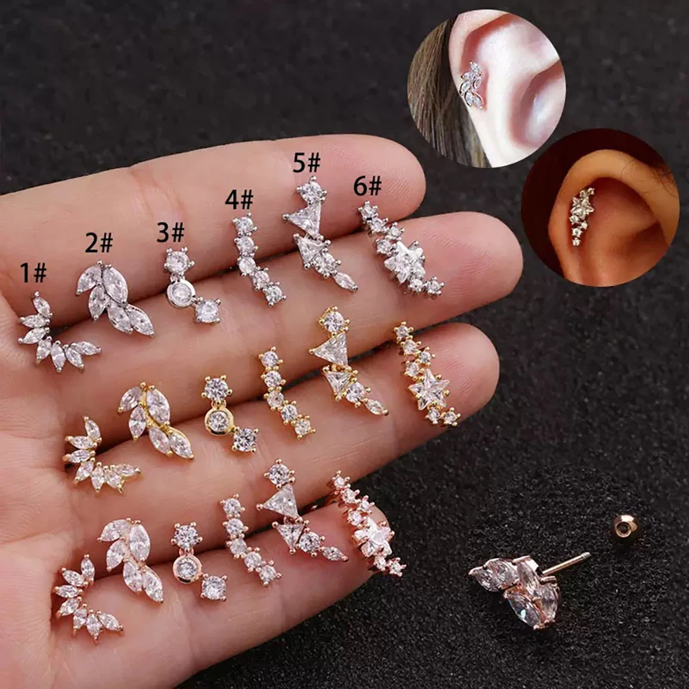 Mini Zircon Cartilage Piercing Stud Earring, 6 Styles