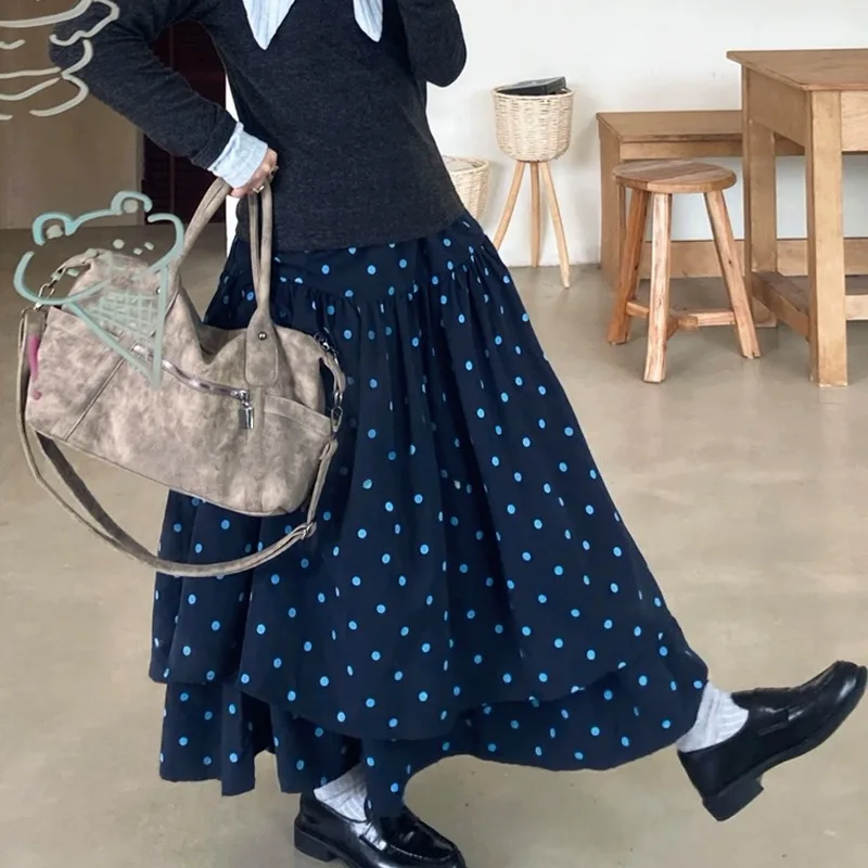 Vintage Kawaii Mori Girl Style Blue Dot Tiered Skirt Korean Fashion Fall Winter High Waist A-line Double-layer Women Long Skirts