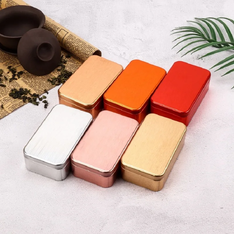 

1PC Rectangular Brushed Frosted Metal Storage Candy Box Small Solid Color Tin Biscuit Packaging Box Home Supplies Organizer Case