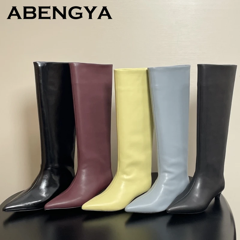 Осень-зима 2022, сапоги до колена на каблуке «котенок», женские сапоги до середины икры из натуральной кожи с острым носком, модные рыцарские длинные сапоги Botas Mujer