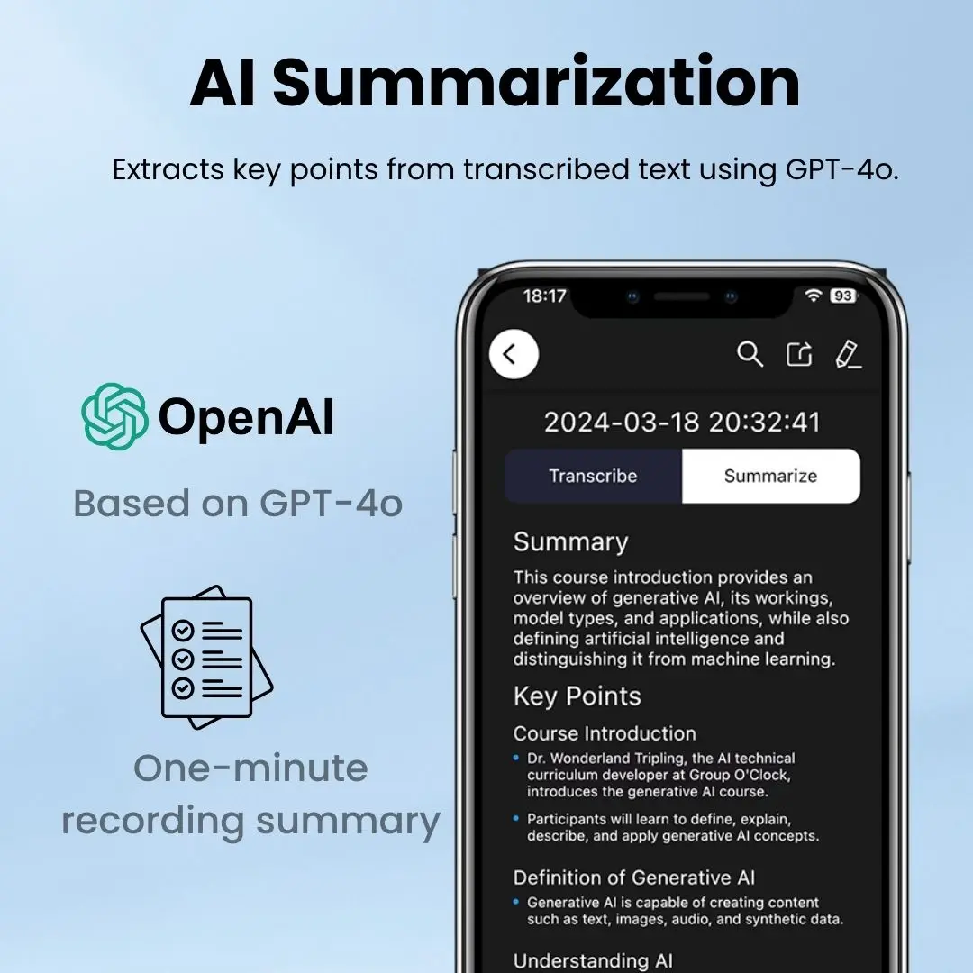 AI-Powered Voice Recorder and Call Recorder with Speech-to-Text & Summarization, Supports 100 Languages, 64GB Storage