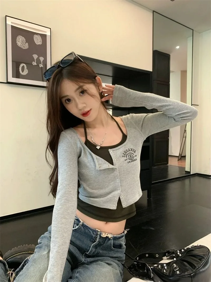 Damen Koreanischer Ins-Stil Reines Y2K Hot Girl Neckholder Langarm-T-Shirt Frühling Herbst Neues Slim-Fit Schulter-Fake-Zweiteiler-Oberteil – Detail 1