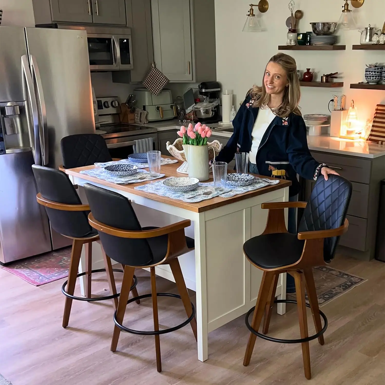 Swivel Bar Stools Set Of 3 - 29.1 Inch Mid Century Bar Stools With Walnut Craftsmanship, Curved Back And Arms,, Customized
