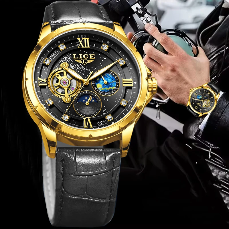 

LIGE Men Watch Sport Military Automatic Mechanical Watches For Men Fashion Business Waterproof Luminous Moon Phase Watch Men