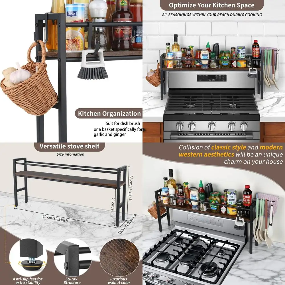 

Полка над плитой из дерева и металла в деревенском стиле с крючками для кухонного хранения и полки для специй