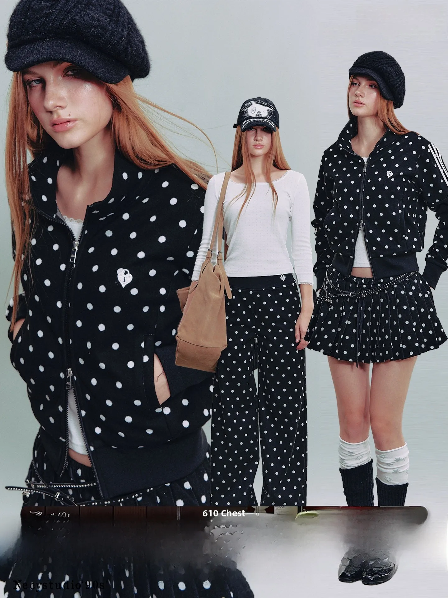 

NECY Women's Casual Polka Dot Print Jacket Double Zipper Design Autumn Long Pants Skirt Set Fashionable Three-piece Suit