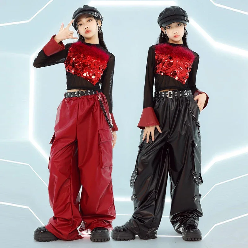 

Kid Hip Hop Dance Outfit Girls Jazz Dance Clothing Kpop Stage Clothes Sequin Red Black Top Shuffle Pants Street Dance Wear