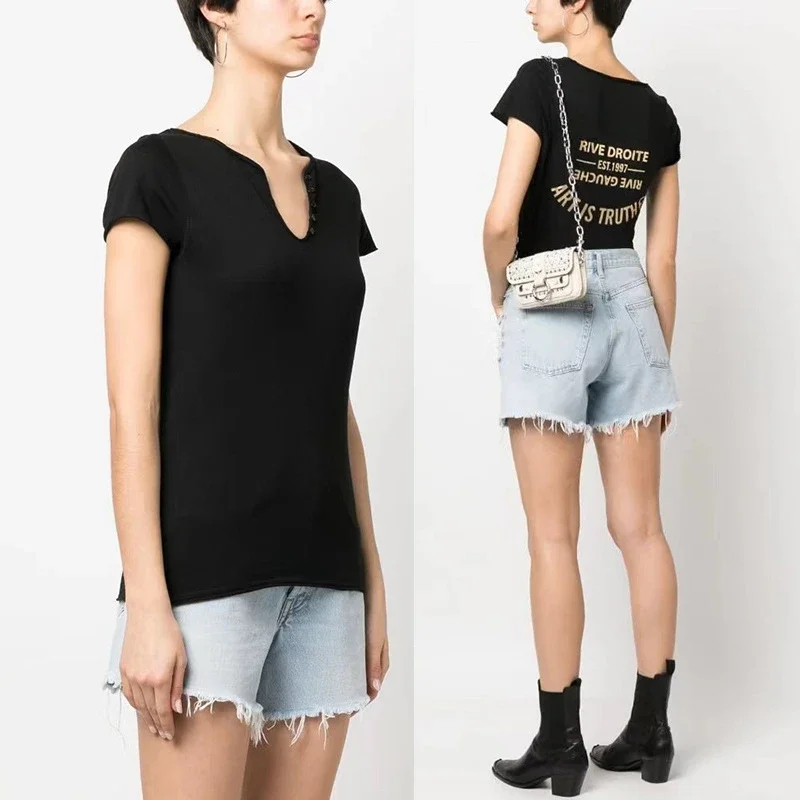 

Summer New French Style ZV Behind The Classic Letter Bronzed U-neck Women's Black Short-sleeved T-shirt