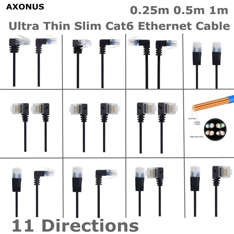 10G UTP Network Patch Ultra Slim Cat6a Ethernet Short Cable OD 2.8mm, UP Down Left Right Angle LAN Super Light Cord, High Speed