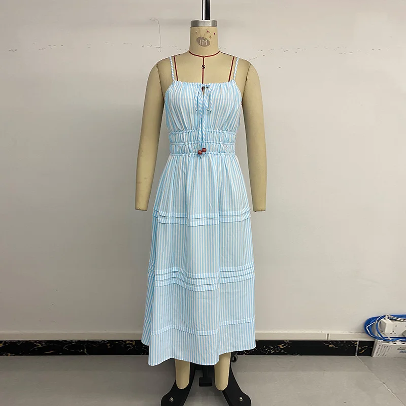 Benuynffy vestido camisola a rayas con cuello cuadrado y lazo frontal para mujer, vestidos largos informales sin mangas estilo vacaciones de verano 2025 para la playa