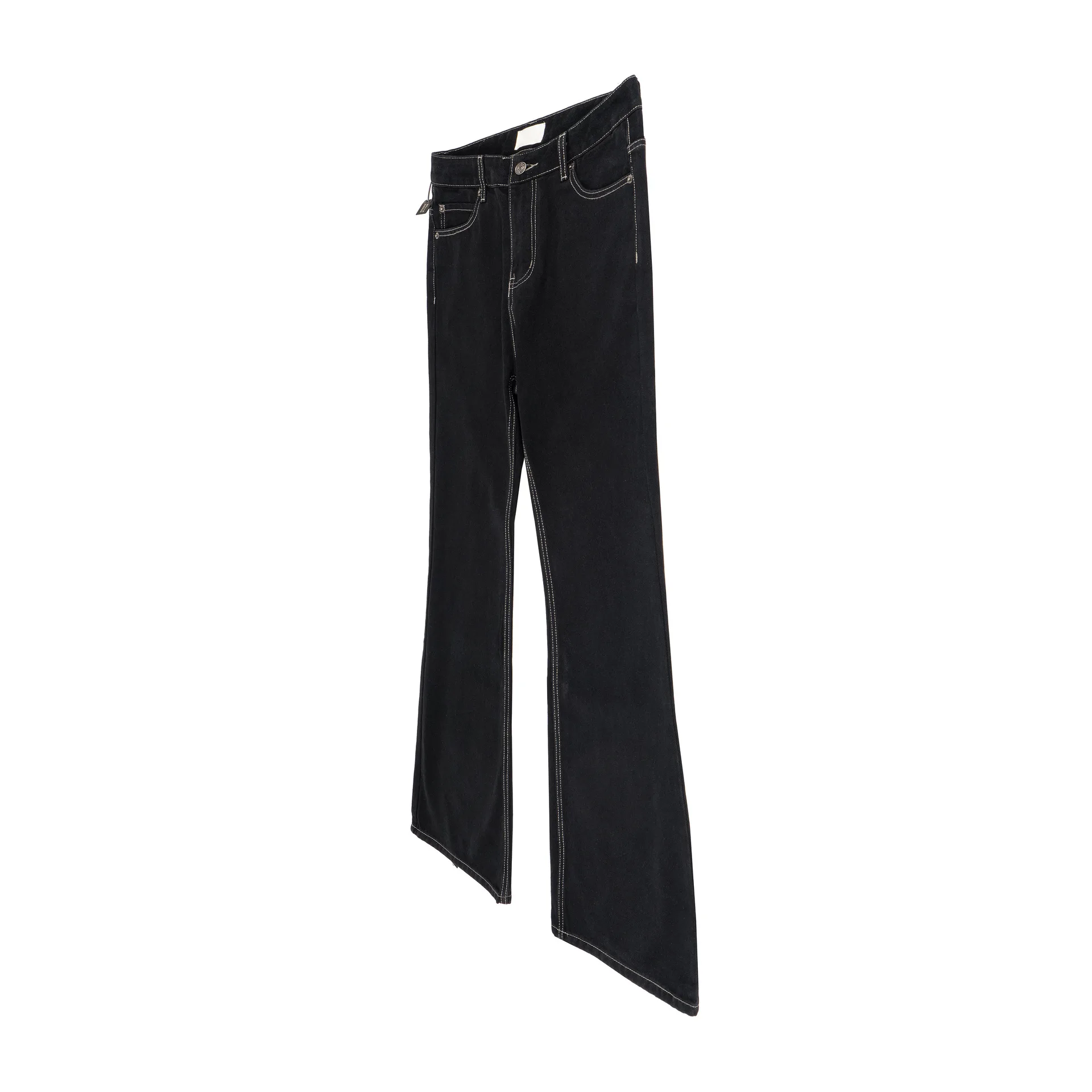 Distressed Back Curved Hem Slit Ripped Bootcut Jeans Baggy Streetwear Retro American Original Black Flare Jeans Pants for Men