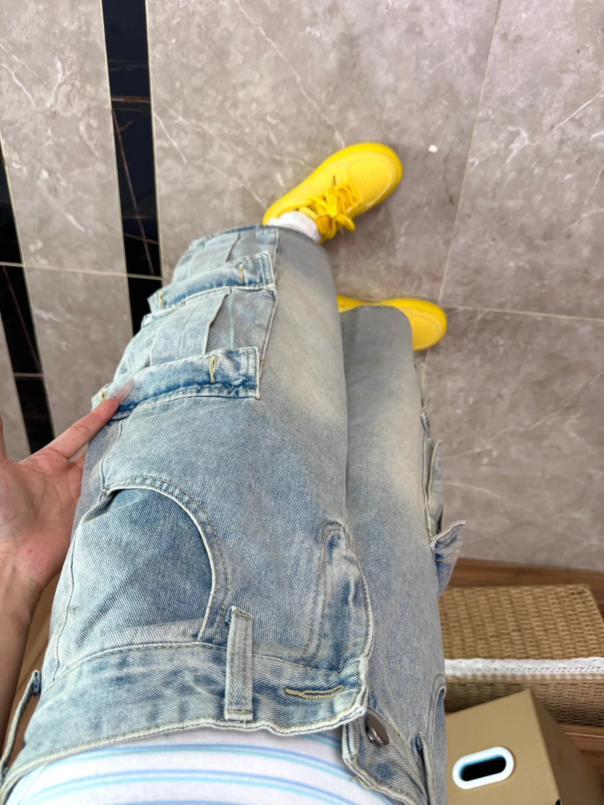 

Large Size Vintage Multi-Pocket Workwear Denim Shorts Men's Loose Wide Leg Slimming Seven-Foot Pants High Waist Zipper Closure