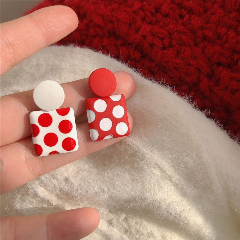 Trendy Geometric Square Red White Polka Dot Drop Earrings Korean Unique Style Asymmetric Enamel Ear Jewelry New Year Gift