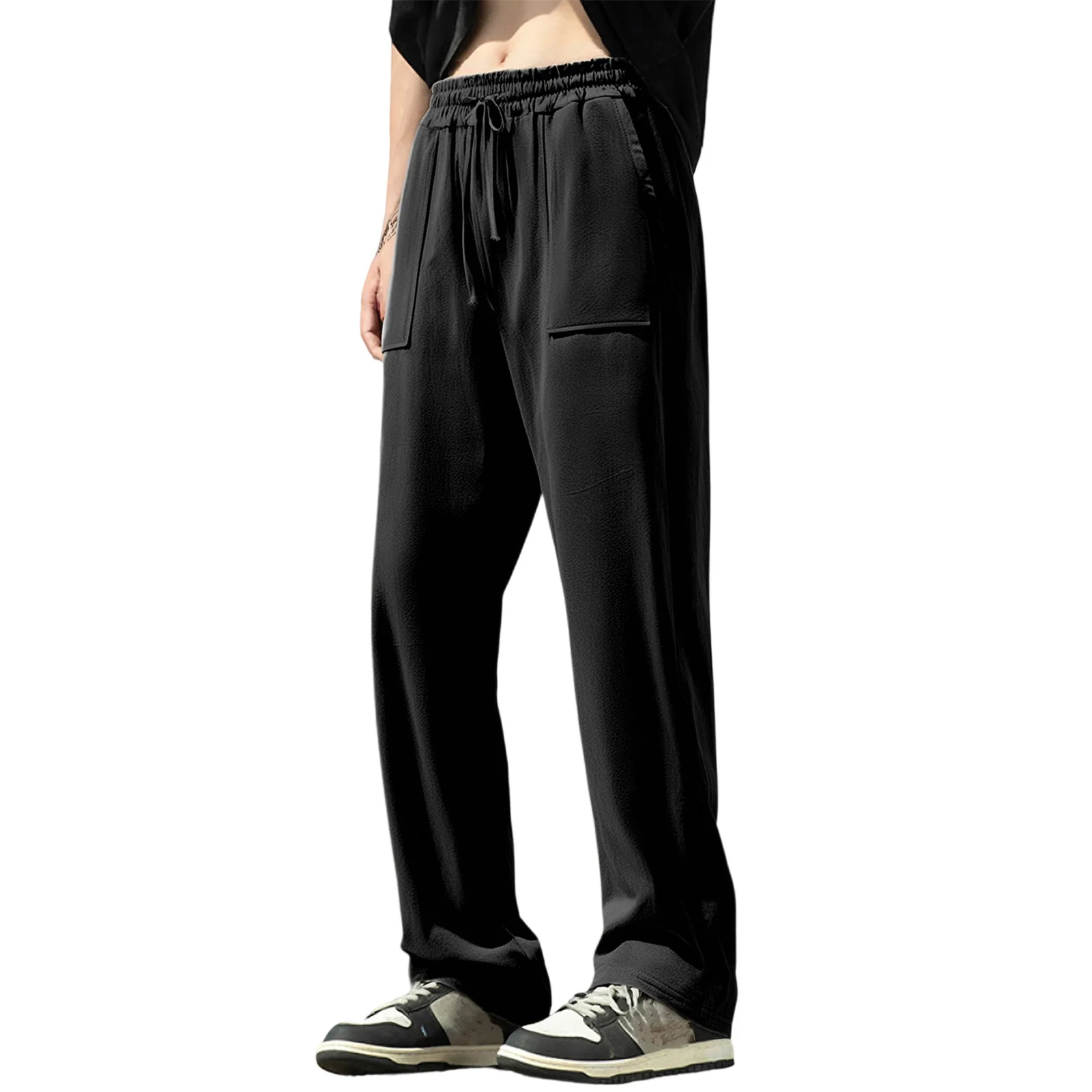 

Мужские льняные брюки на шнурке с карманами. Стильные однотонные повседневные широкие брюки со средней посадкой на весну и осень.