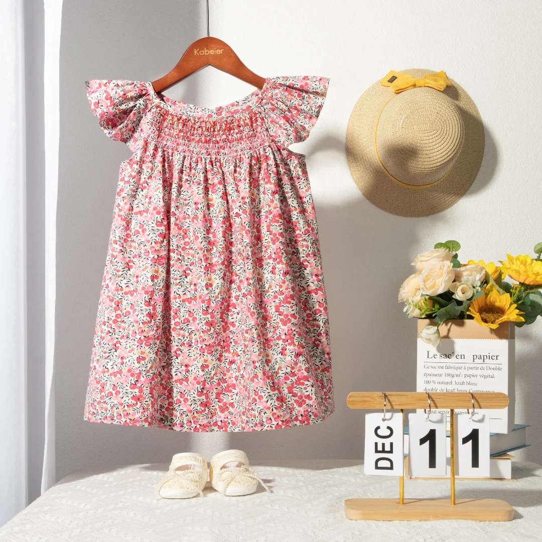 Blumen-Sommerkleid für Mädchen im Alter von 1, 2, 3, 4, 5, 6 Jahren, Smockdesign mit fliegenden Ärmeln, für Babys und Kleinkinder, tägliche süße Kleidung – Detail 9
