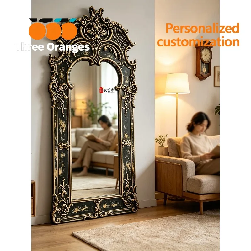 European arched full-body mirror handmade custom floor-to-ceiling full-length mirror French court carved cloakroom