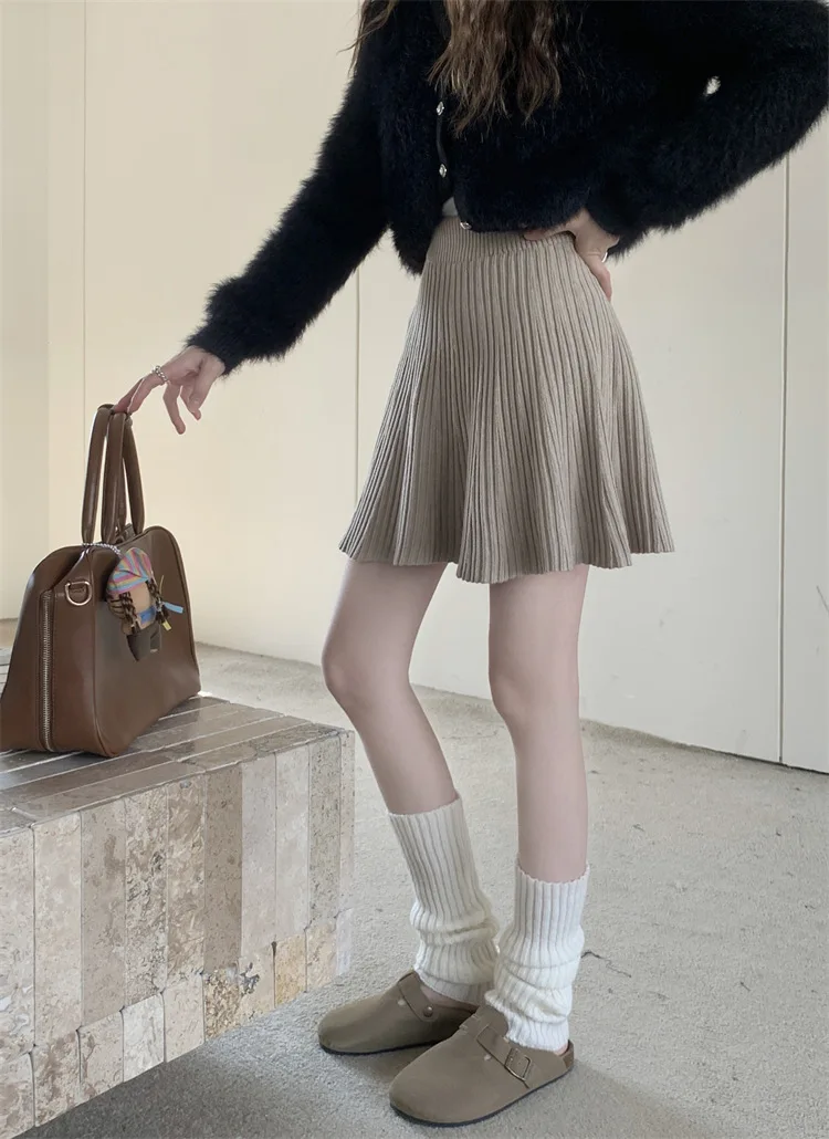 Autumn Knit White Mini Pleated Skirts For Women A Line Skirt Gray High Waist Women Knitted Pleated Short Skirts Korean Fashion