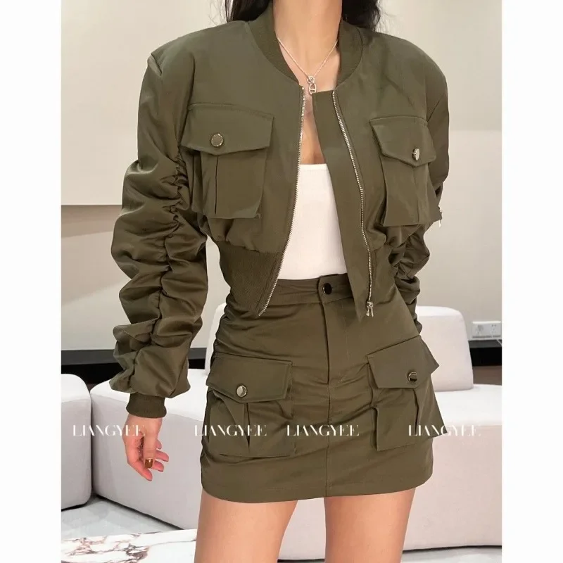 Fashion Spicy Girl Stand Collar Baseball Uniform Coat A-line Skirt Two Piece Set Women Shirring Cool Slim Casual Sport Lady Wear