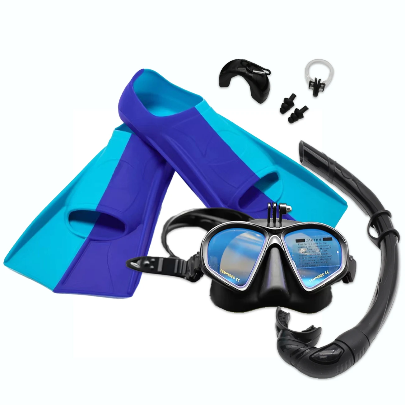 4PCS Wet Low Volume Diving Mask Tempered Glass Freedive Mask J-Type Diving Mask Snorkel Set Snorkeling Fins With Camera Mount