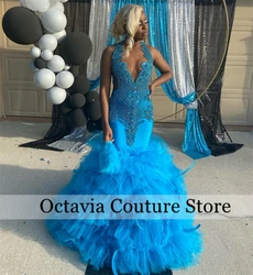 Blue Bead Crystal Long Prom Dresses Black Girls Rhinestone 2025 Birthday Luxury Dress Tiered Ruffles Graduation Gown Customized