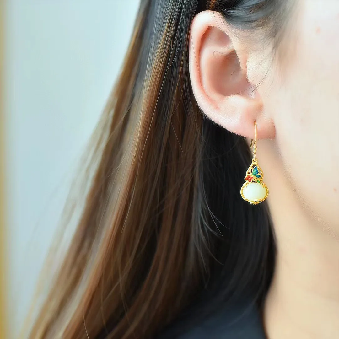 S925 Sterling Silver Natural Hetian Jade Classical Gourd Stud Earrings