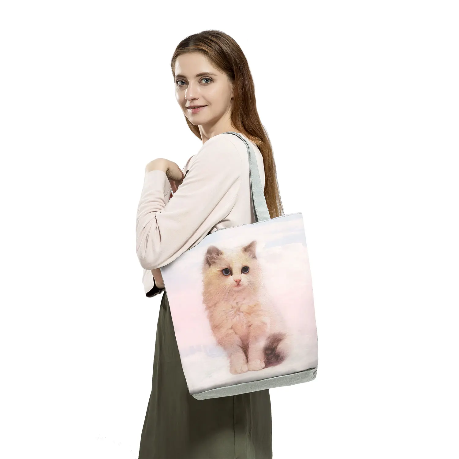 Cute Cat Print Handbags High Capacity Casual Women Office Totes Cartoon Animal Graphic Shopping Bags Foldable Travel Beach Bags