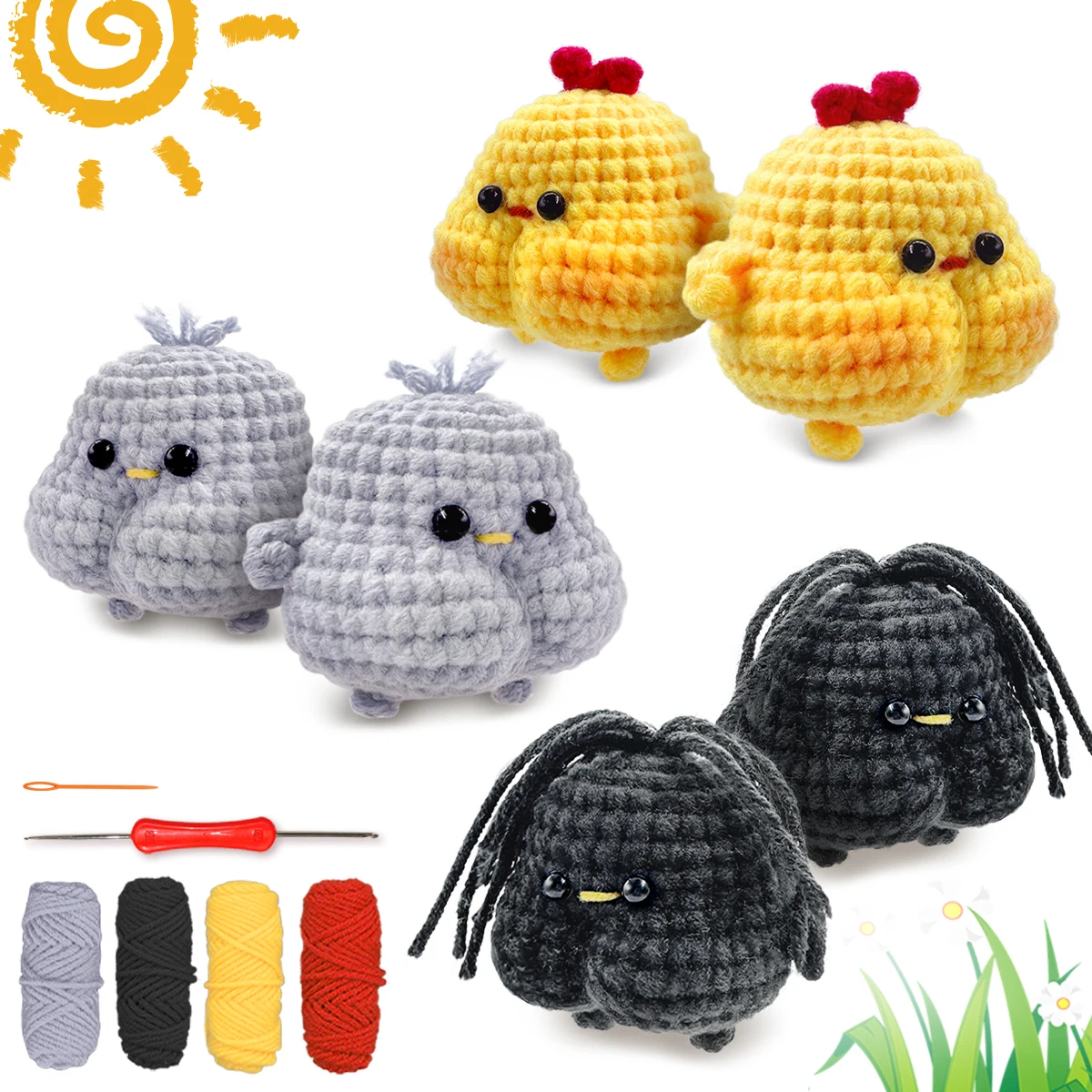 AMAXIN Animal Crochet Kit for Beginners-Chick Family Easy Learn to Starter Amigurumi Knitting Kit and Yarn Craft