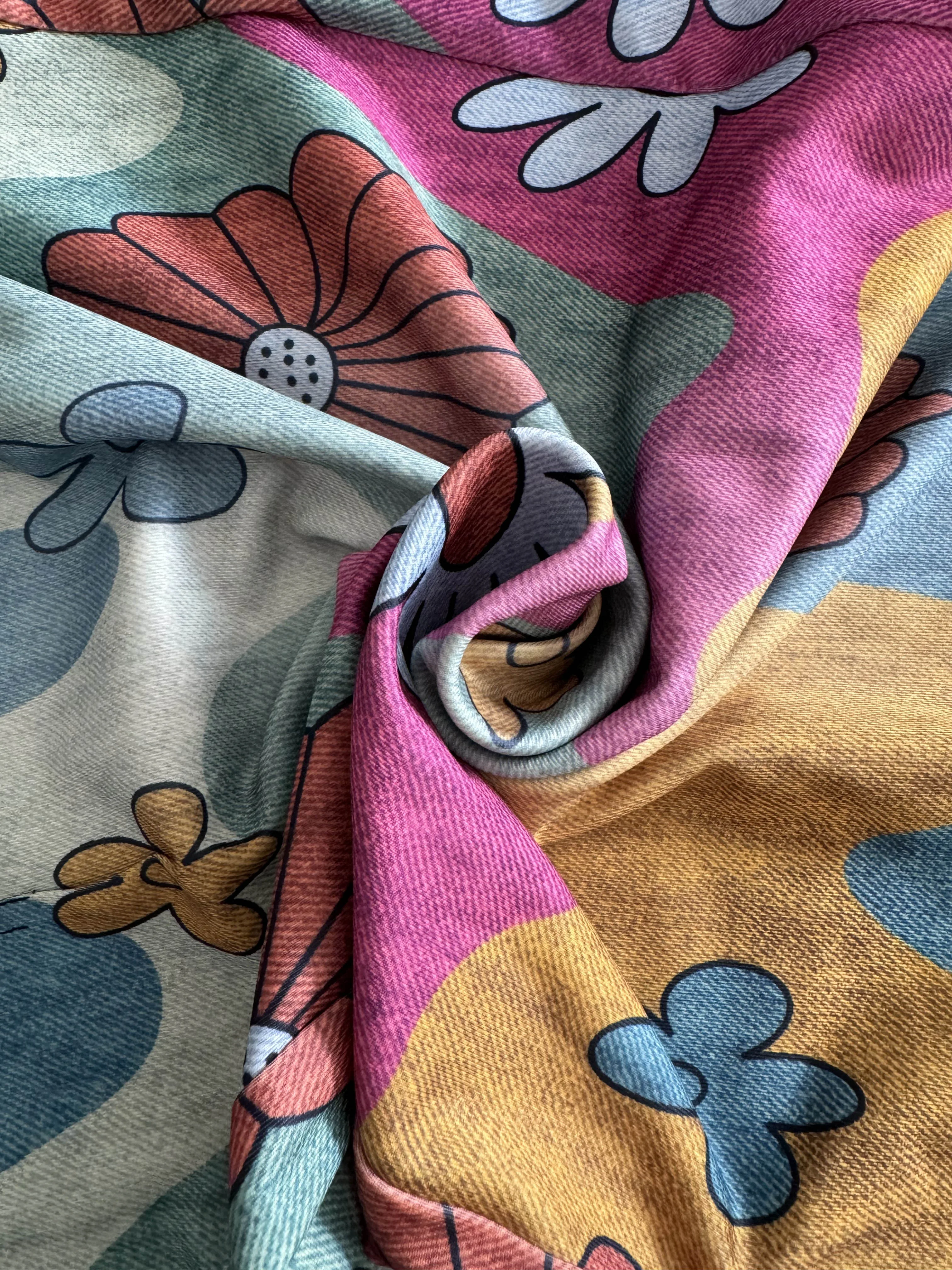 سروال نسائي رفيع من قماش الدنيم المقلد بمقاس كبير مع حزام مطاط بطبعة عباد الشمس وزهرة الأقحوان وبنطلون جيب بقلاب قطري، مريح وعصري في جميع الفصول #2