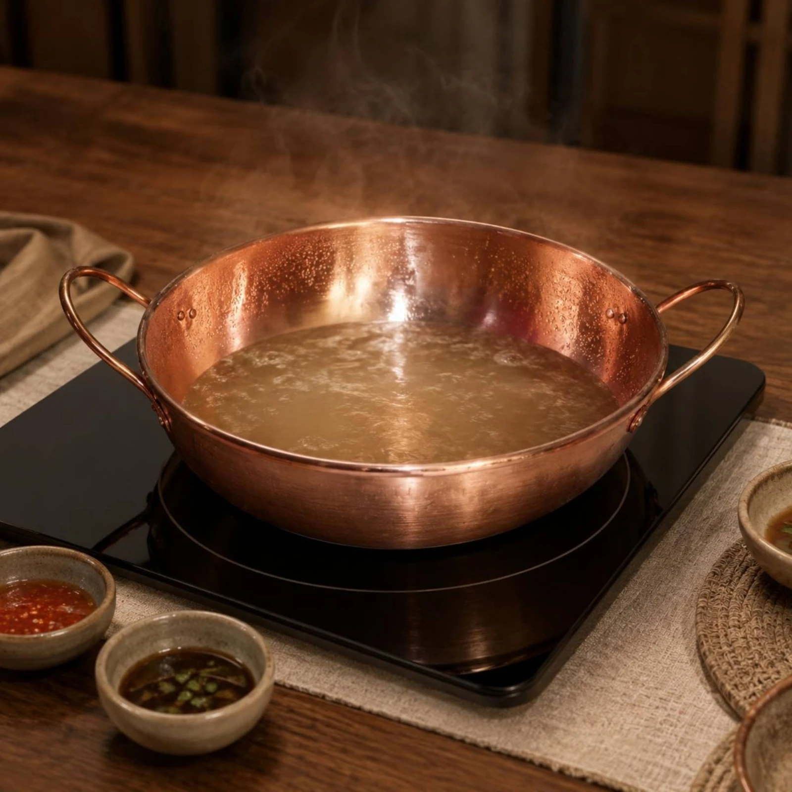 Copper Hot Pot Loop Handles Round Shallow Pot Wide Copper Basin Polished Curved Walls