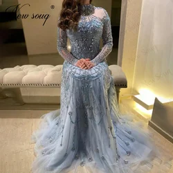 Arabic Blue Beading Evening Dresses Full Beading Crystals A Line Prom Dress Vestidos De Gala Dubai Wedding Party Gowns For Women