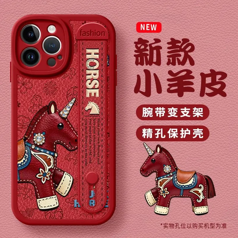 

New Year Pony Style Phone Case For iPhone 17 16 Pro 15 14 13 12 11 Pro Max Casing Horse Pattern Shockproof Case Wristband Cover