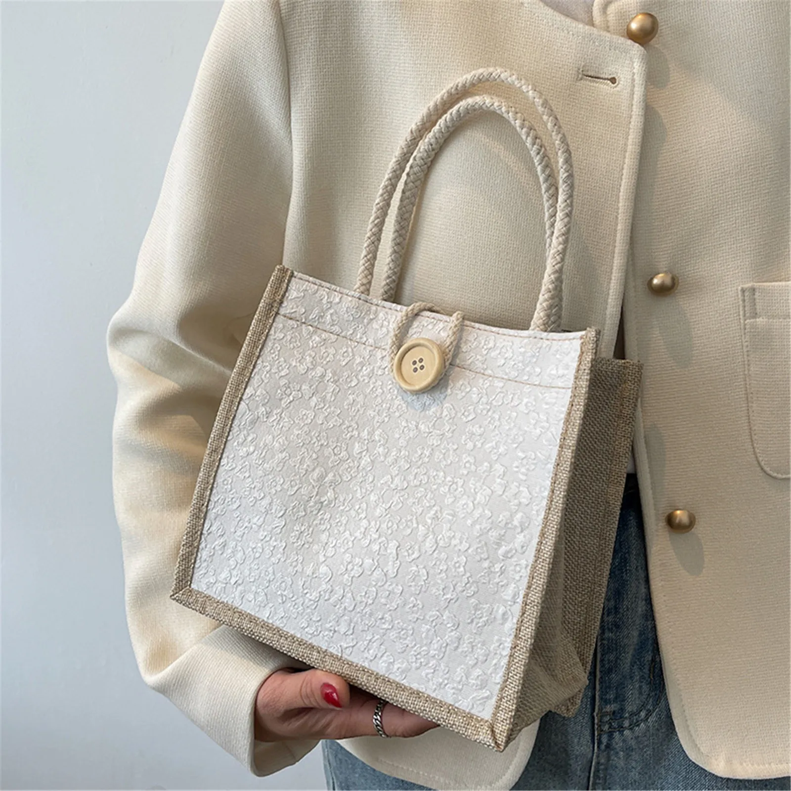 Linen Button Handbag Large Capacity Grocery Bag Women Tote Beach Organizer Portable Shopping Bag Lunch Bag