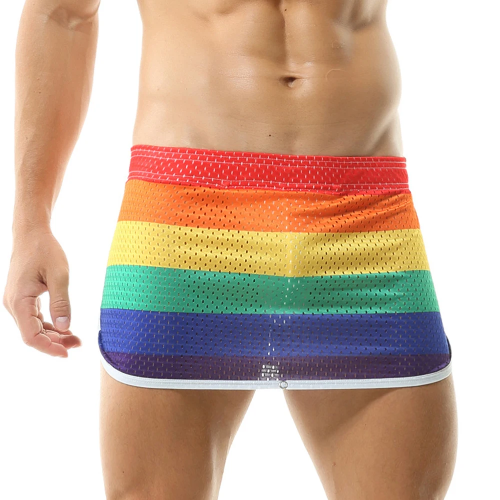 

Sexy Men Colorful Striped Trunks Arrow Short Pants Breathable Mesh Panties Man Loose Underpants Summer Sissy Pouch Panties