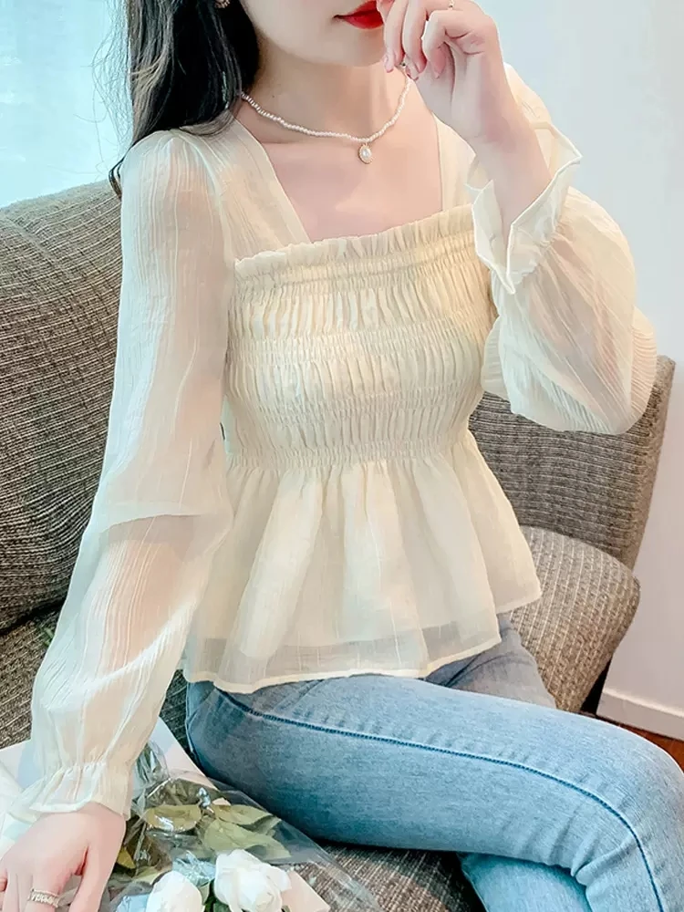 

Sweet Youthful 2026 New Style Women's Shirt Chiffon Waist Cinched Skirt Hem Cover Belly Top French Style Slim Fit Bubble Sleeve