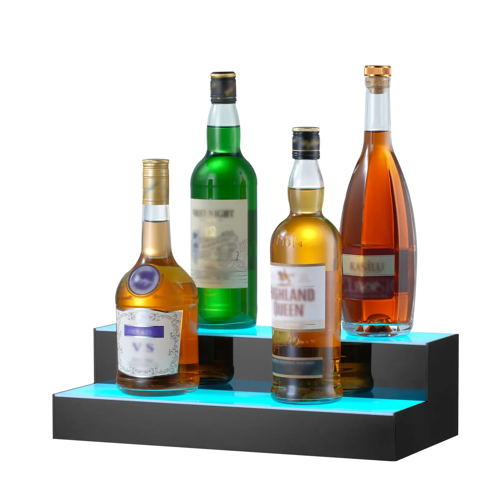 

LED Lighted Liquor Bottle Display, 2 Tiers 16 Inch Commercial Illuminated Home Bar Shelf, 2 Steps Whiskey Rack Stand, Acrylic