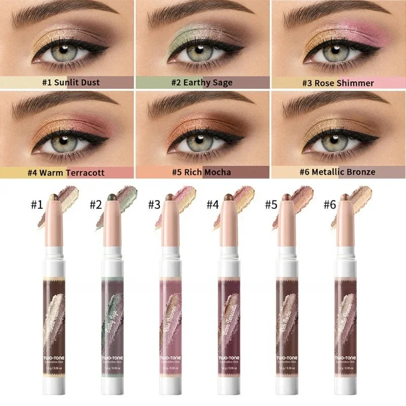Two-Tone Eyeshadow Pencil High Pigment Long Lasting Shimmer Finish Gradient Dual Color Waterproof Sweatproof Eyeshadow Stick