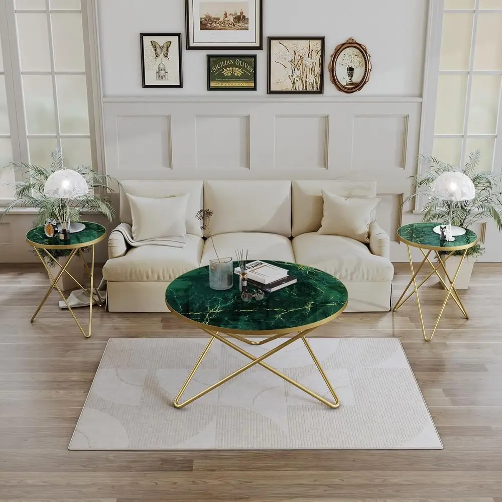 

ern Round Coee Table and Side Table Set o 3,End Table with aux Marble Top and Gold Metal e, Side Table or Living Room, Bedroom,