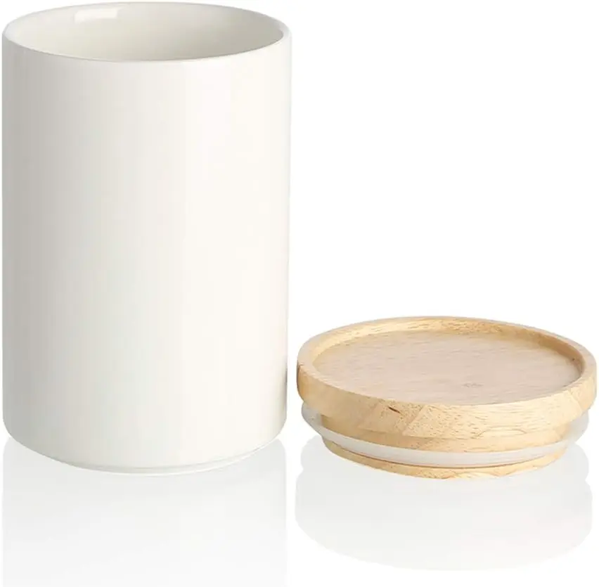 Kitchen Canisters Ceramic Food Storage Jar, Stackable Containers with Airtight Seal Wooden Lid for Serving Ground Coffee, Tea