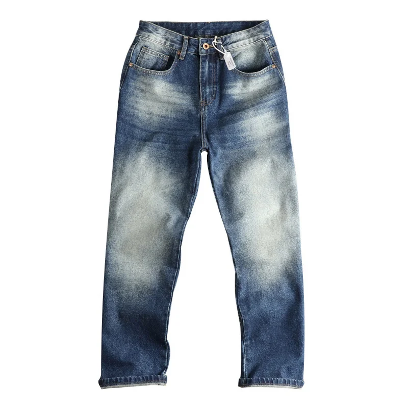 กางเกงยีนส์วินเทจสีน้ำเงินฟอกทรงหลวมขาตรงผ้าหนาสไตล์สตรีทเทรนดี้สำหรับผู้ชาย