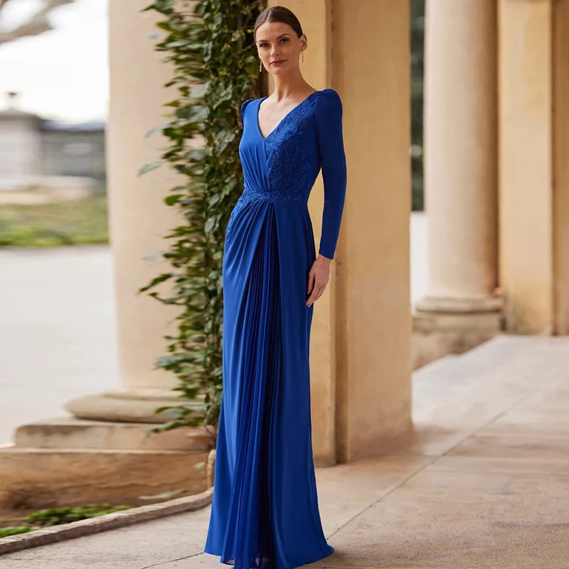 

Elegant Long Sleeve Chiffon Evening Dress Royal Blue V - Neck Lace Mother of Bride Dresses for Wedding Guest Dress Formal Party